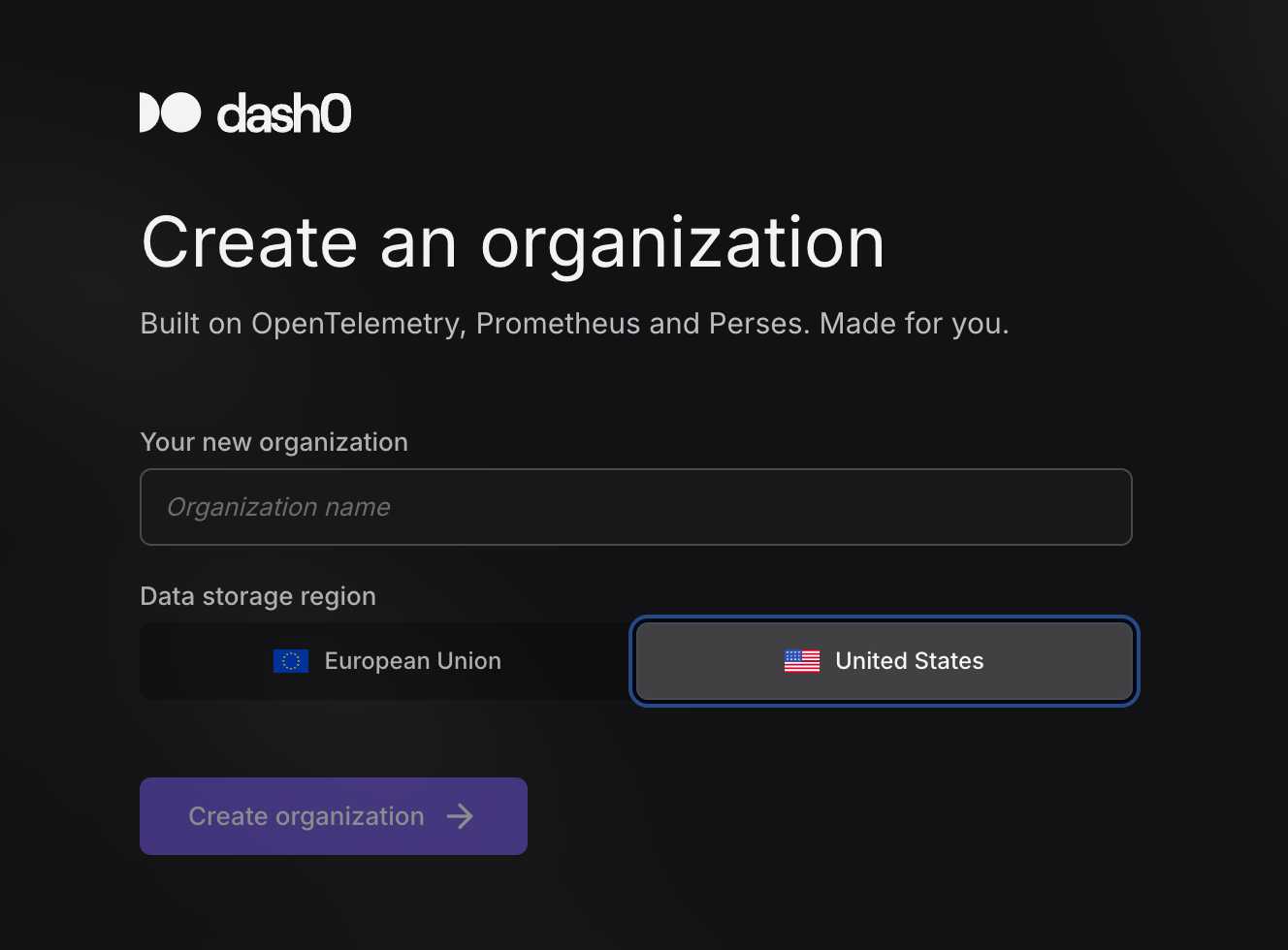Create an organization and select a region