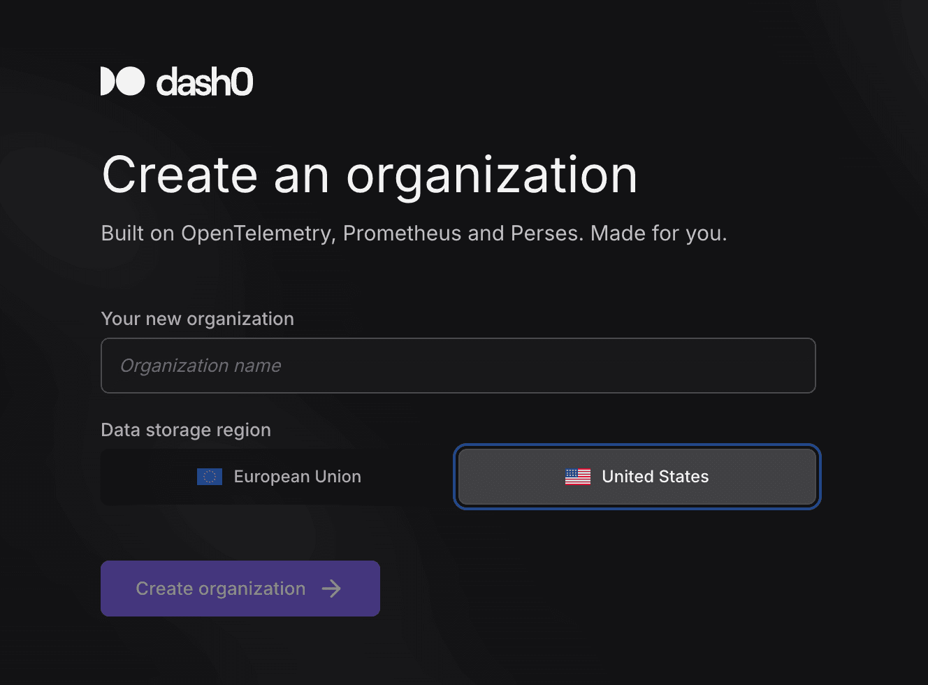 Create an organization and select a region