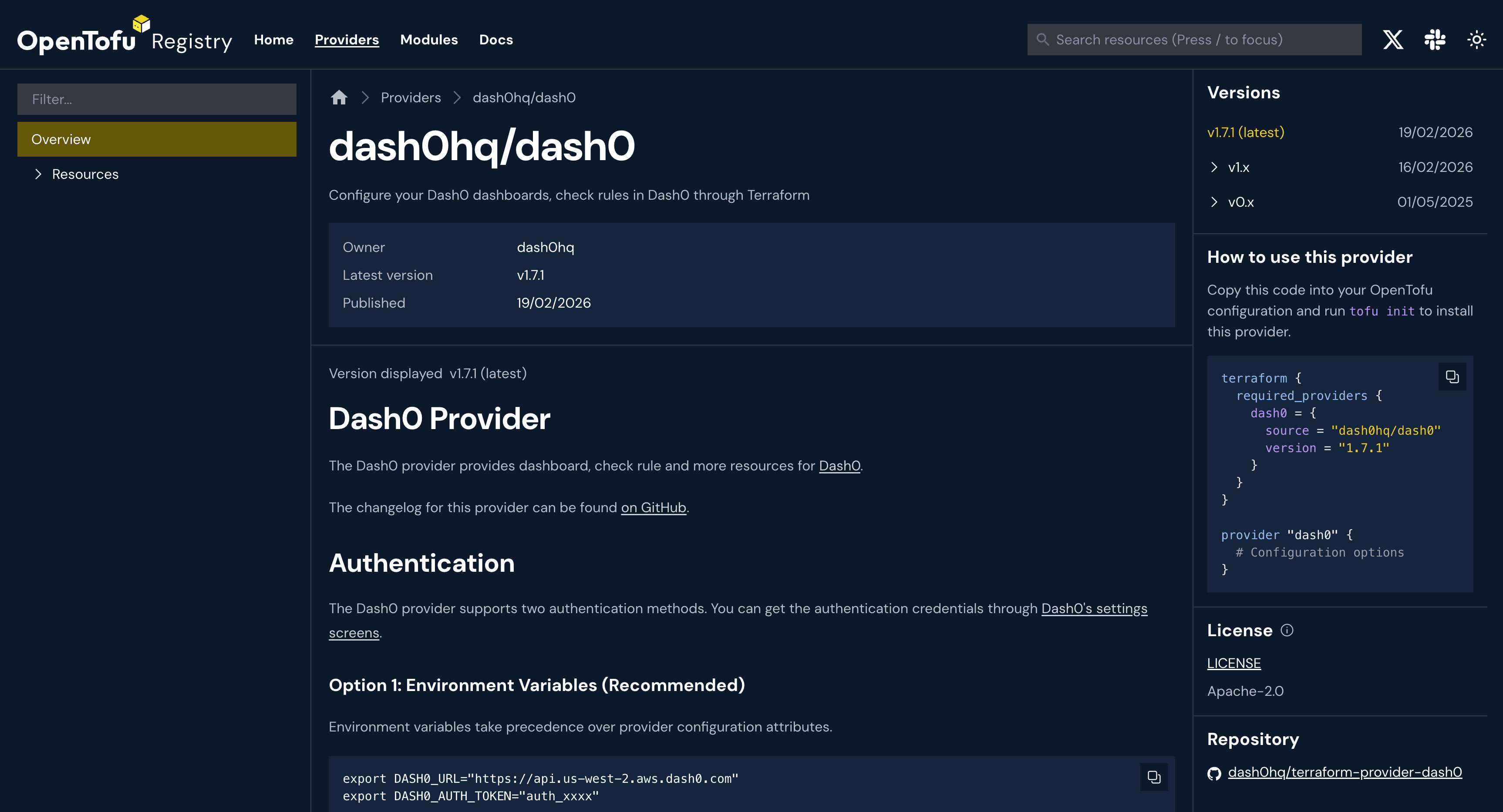 The Terraform Provider for Dash0 in all its glory in the OpenTofu registry