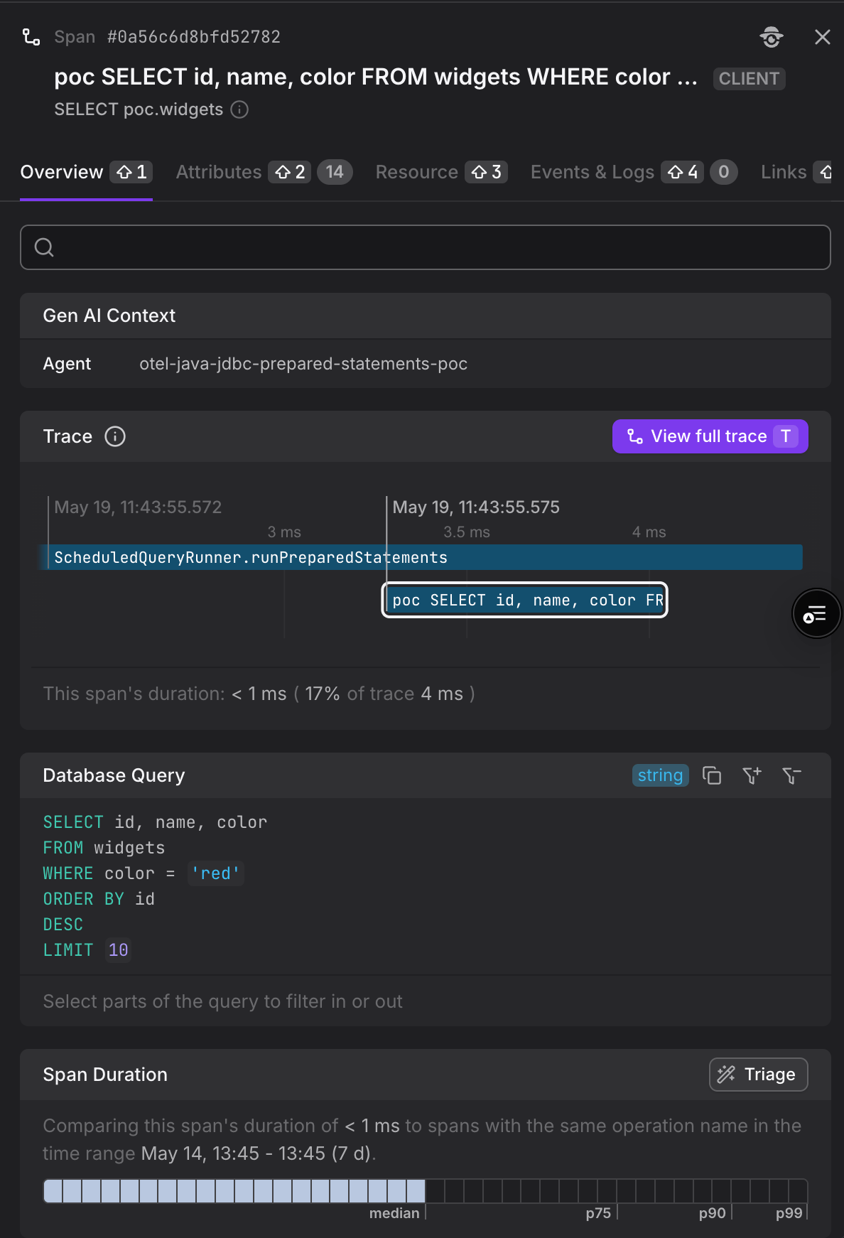 The Database Query widget in the span sidebar