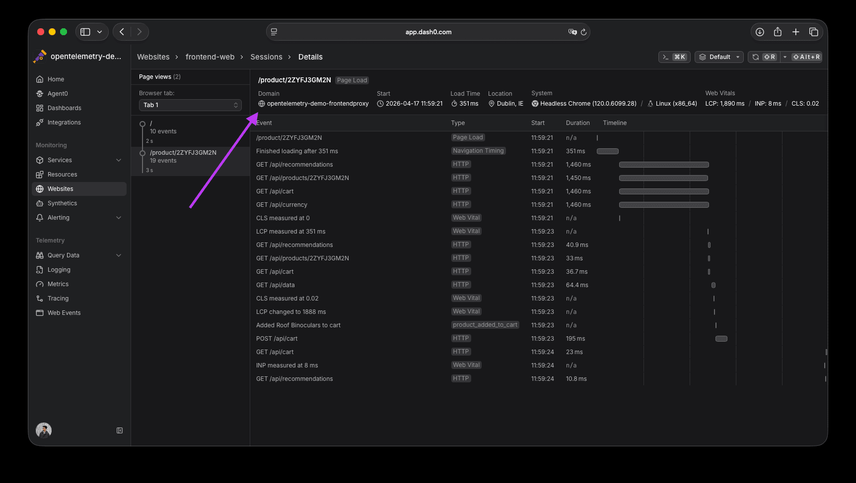 Domain display in full sessions page