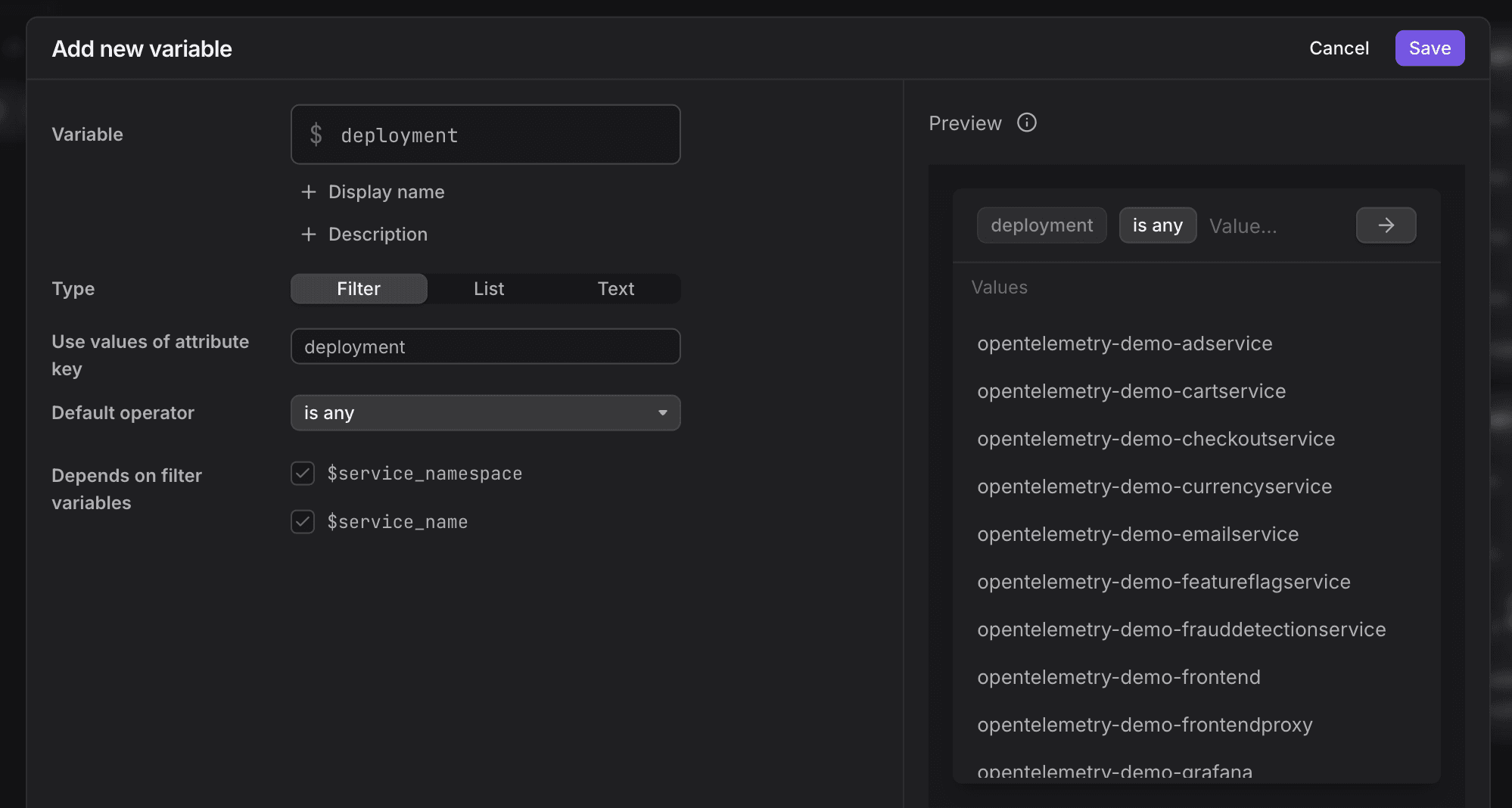 Configuration form for a dashboard filter variable, showing the new dependency field.