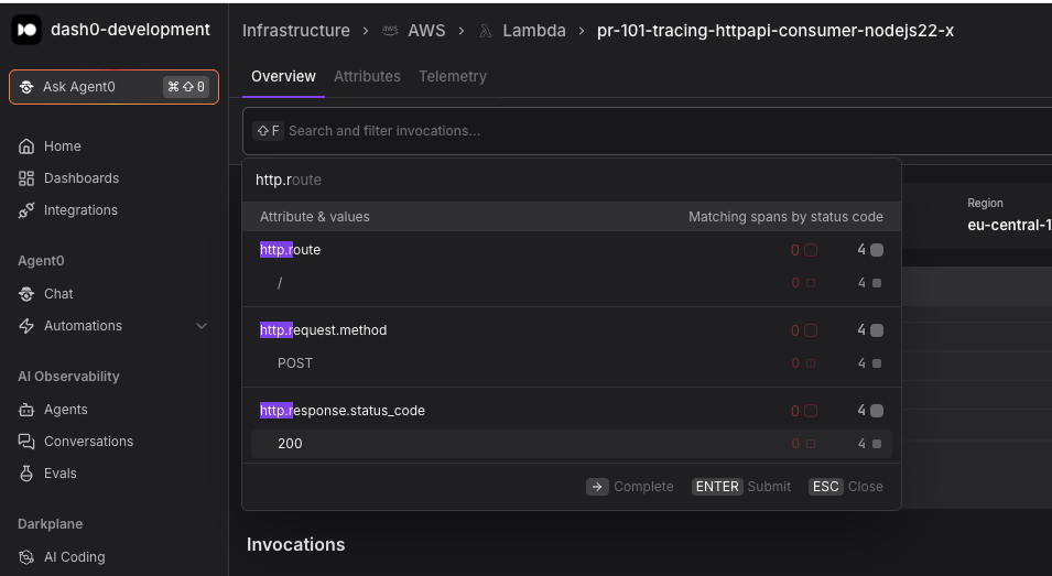 Filtering the Lambda invocations table by HTTP attributes