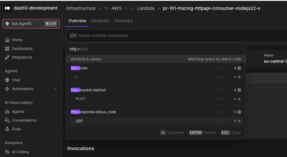 Filtering the Lambda invocations table by HTTP attributes