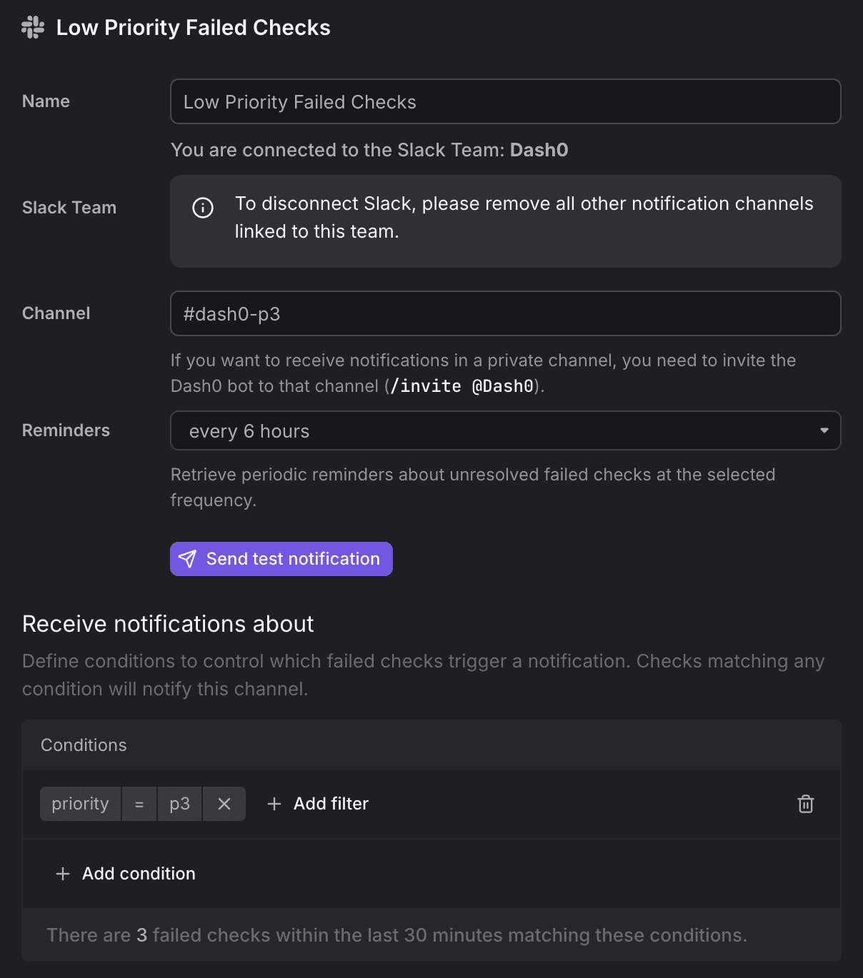 The notification channel configuration dialog in Dash0