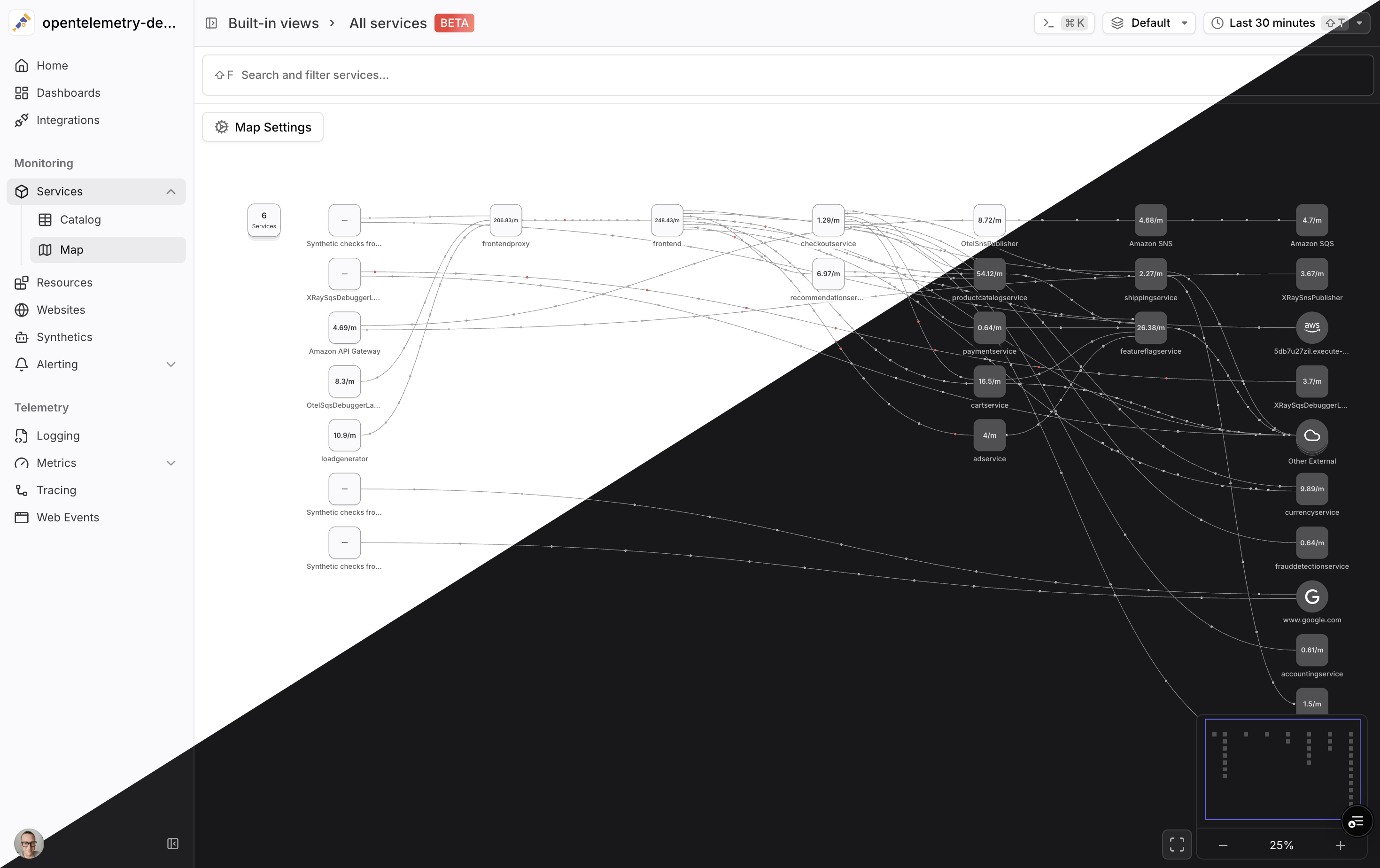 Screenshot of Dash0s Service Map showcasing the new light mode.