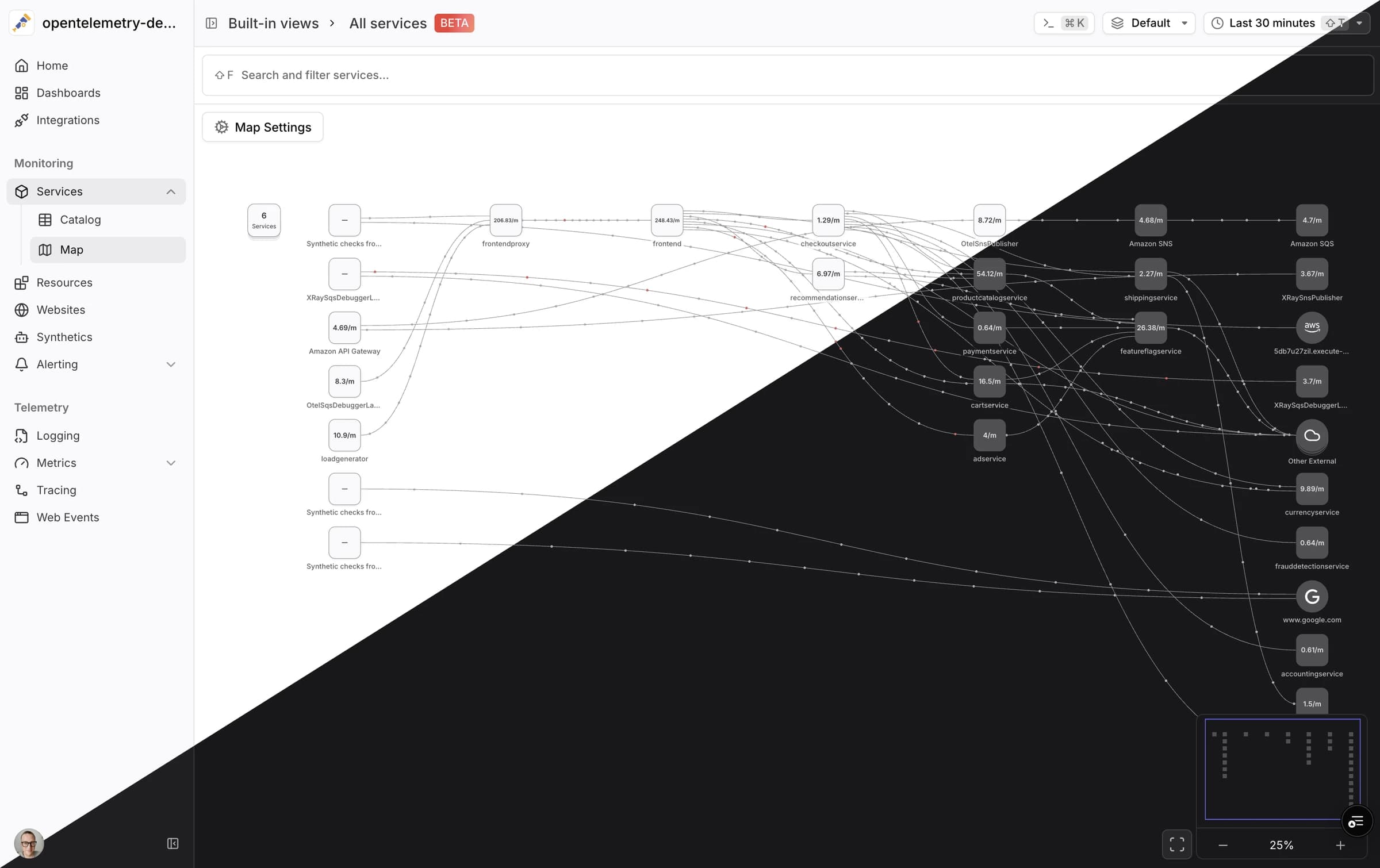 Screenshot of Dash0s Service Map showcasing the new light mode.