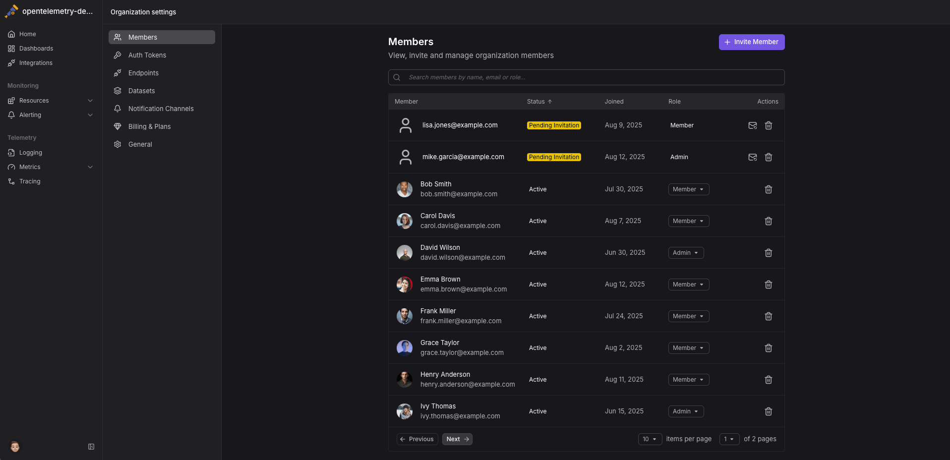 Screenshot of the new members settings page in Dash0