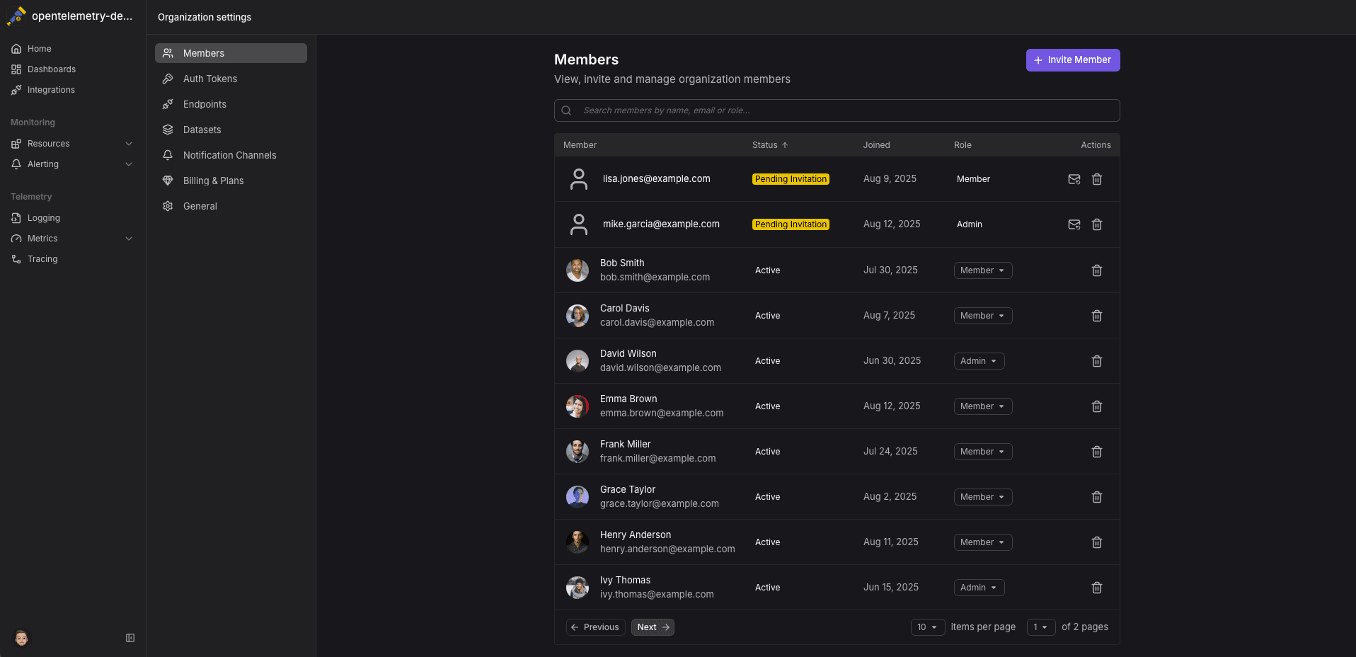 Screenshot of the new members settings page in Dash0