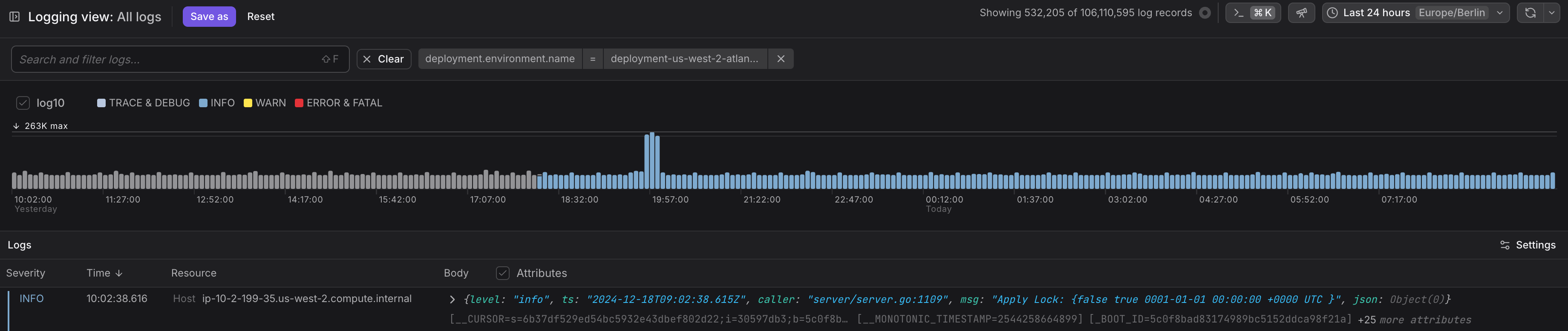 Dash0 log view showing extracted severity for journald logs
