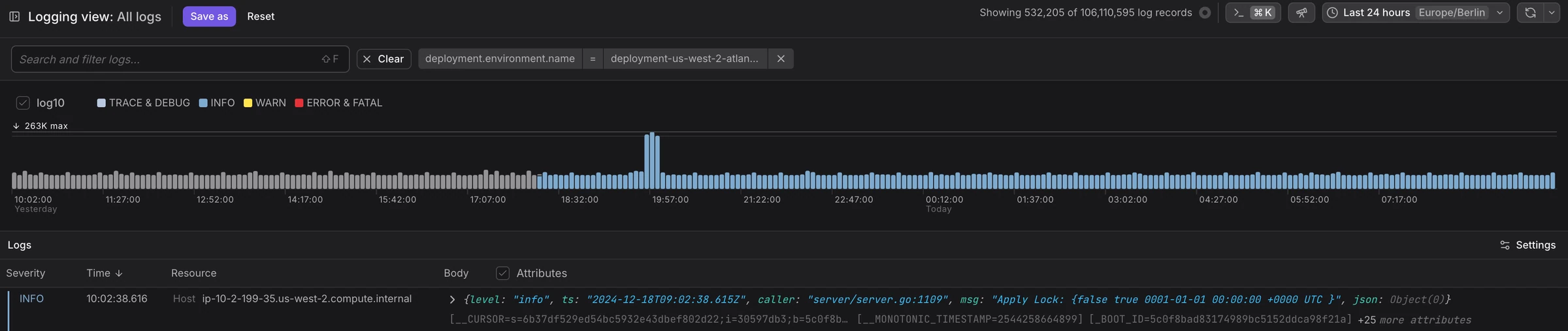 Dash0 log view showing extracted severity for journald logs