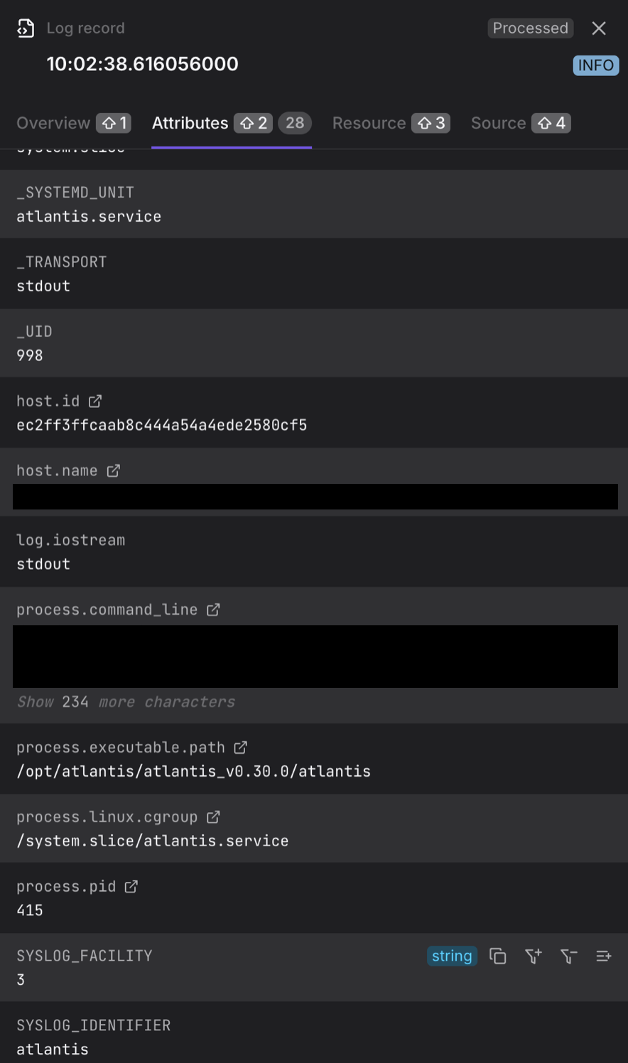 Log details showing OpenTelemetry semantic convention attributes