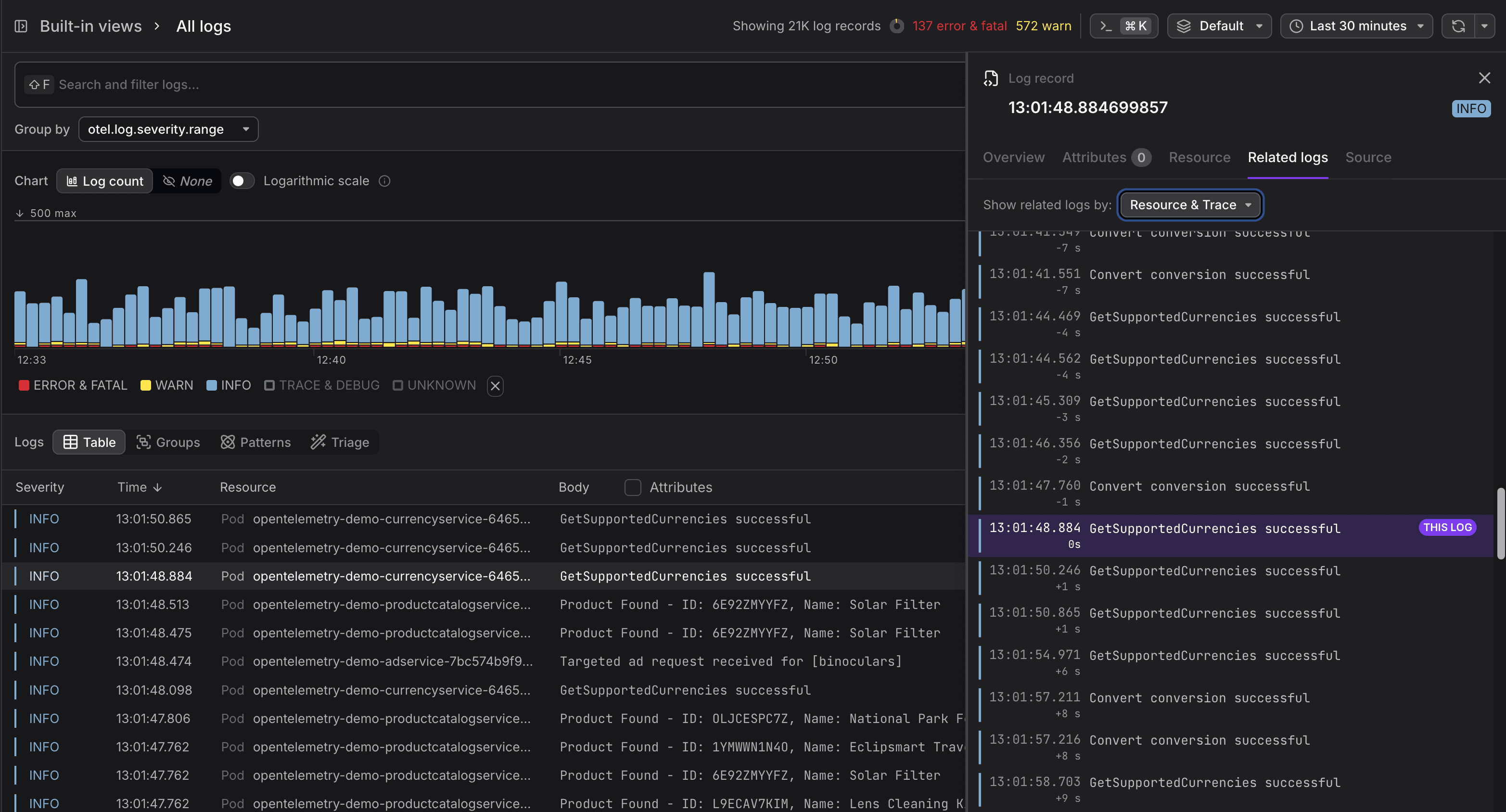 The Related Logs feature in action