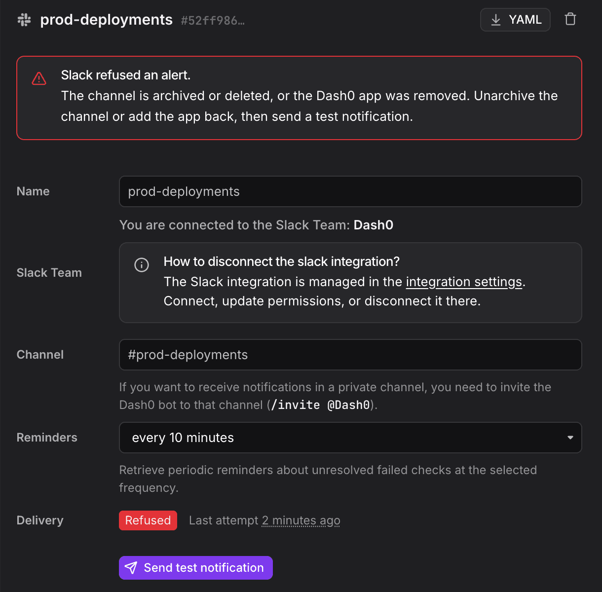 A Slack notification channel with the delivery status Refused and a banner explaining how to fix it