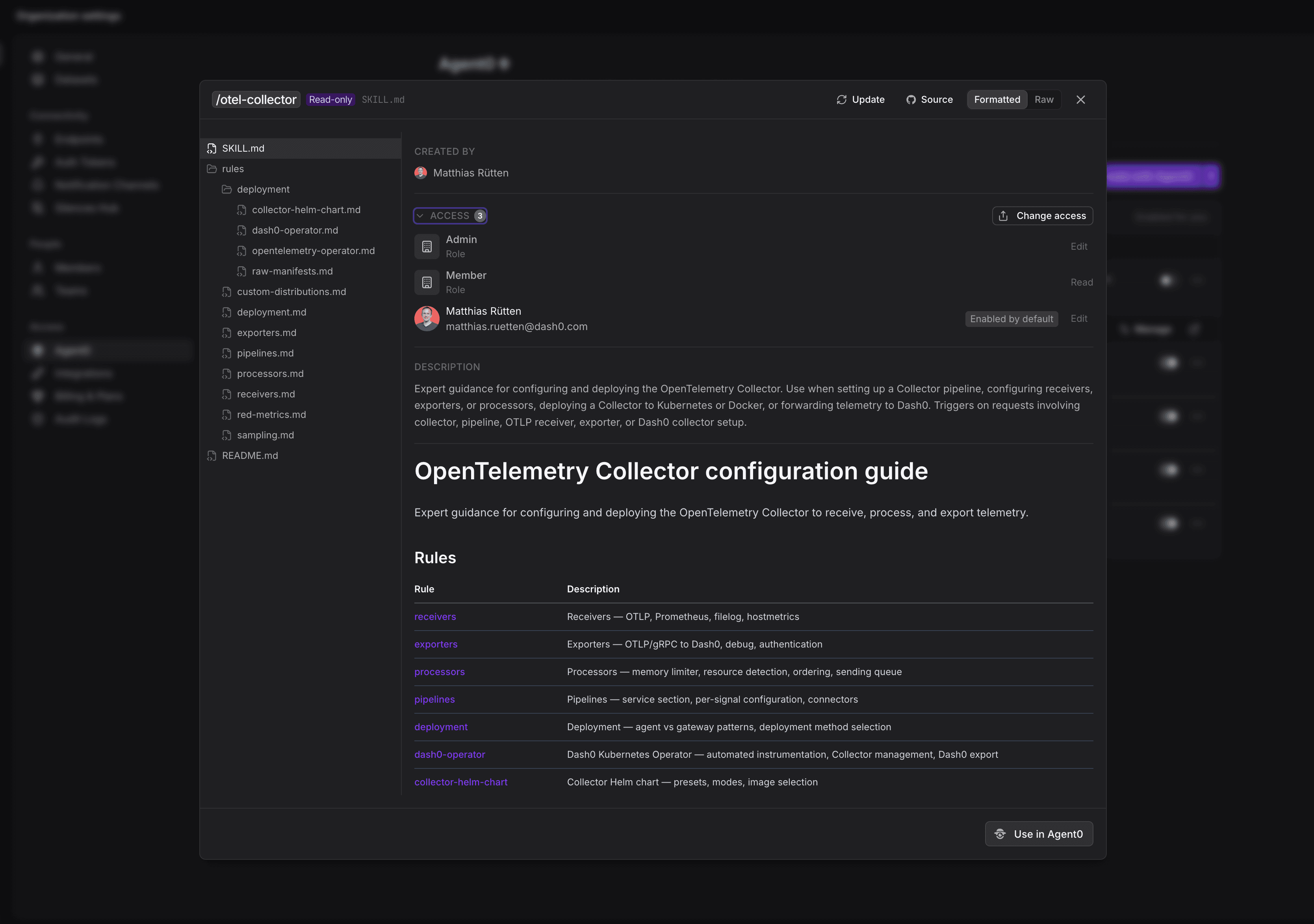 Details of an Agent0 custom skill, showing who created it and who has access to it
