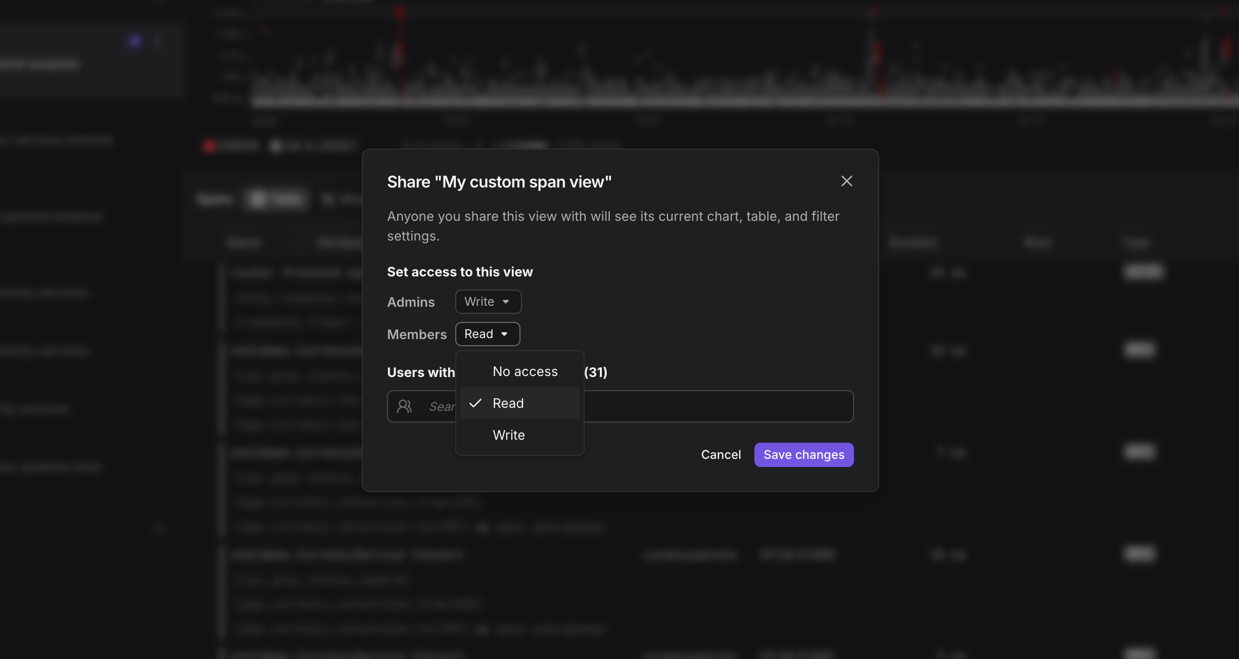 Screenshot of the sharing dialog in Dash0