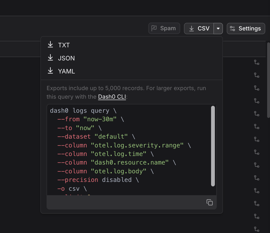 The Log Explorer table header with a CSV export button and its open menu, listing TXT, JSON, and YAML downloads above the 5,000-record cap and a copyable Dash0 CLI command for the active query.