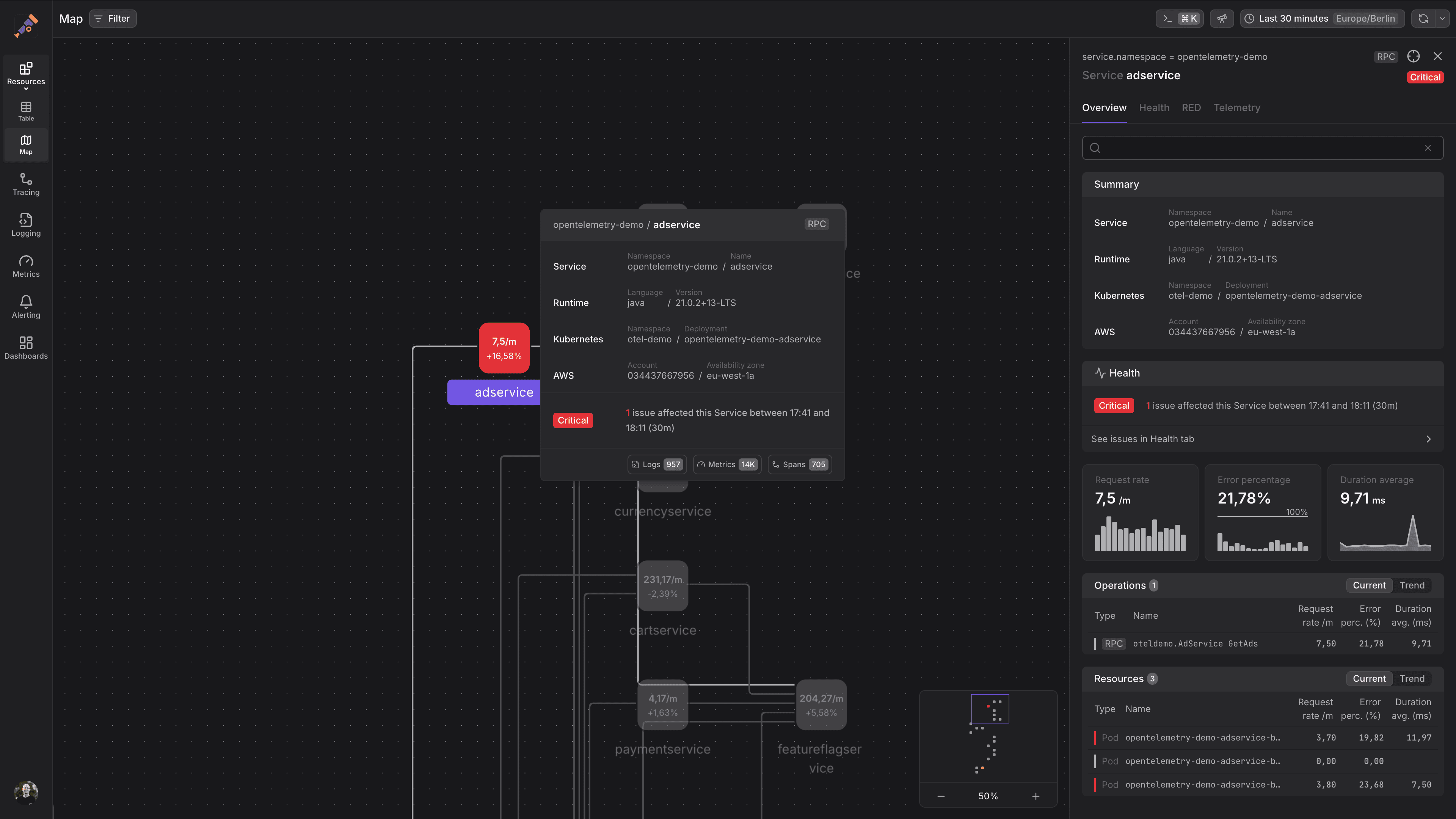 Resource map showing the revised hover cards and a sidebar showing the OpenTelemetry demo adservice