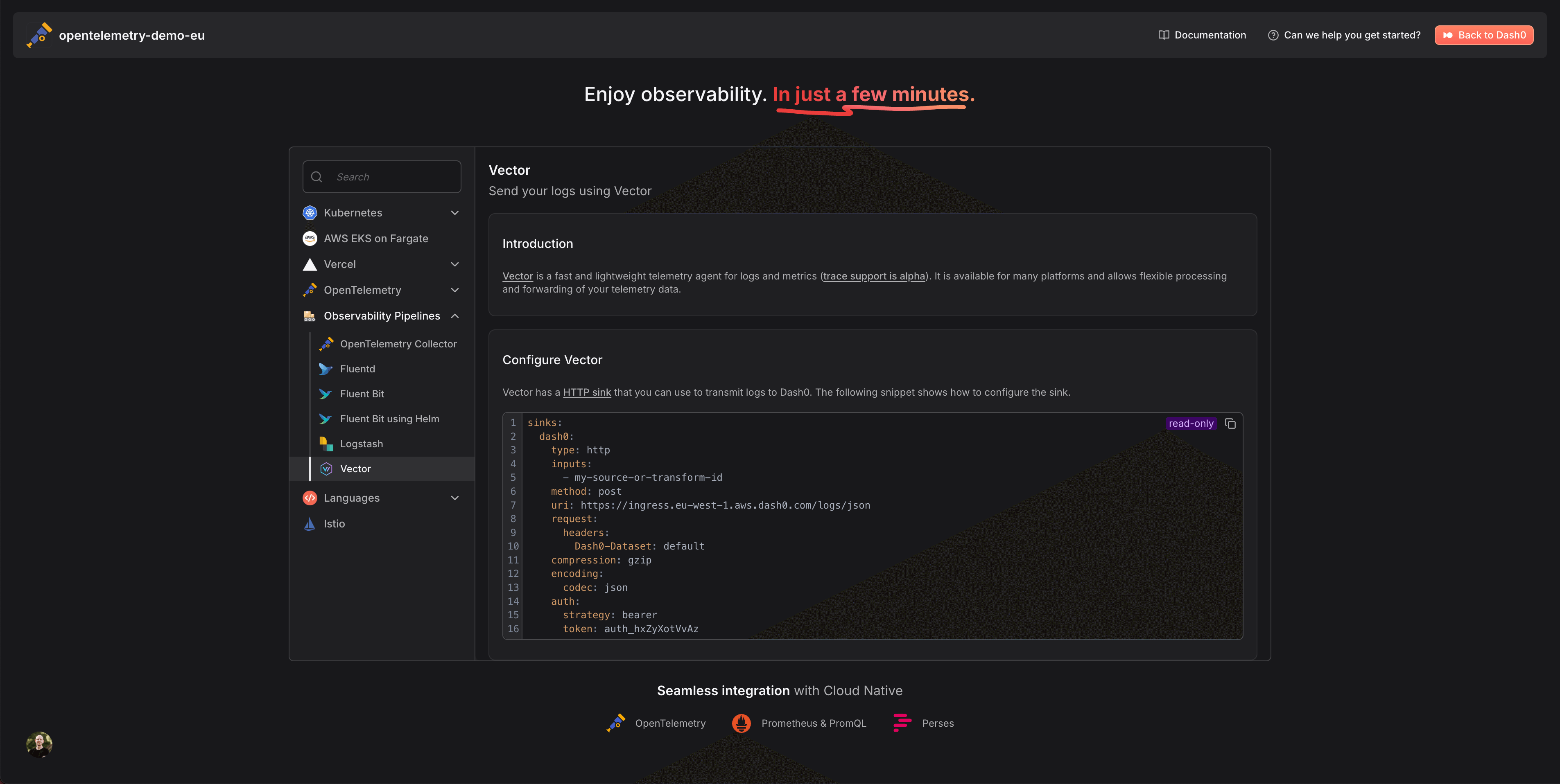 Dash0 onboarding dialog showing how to configure Vector