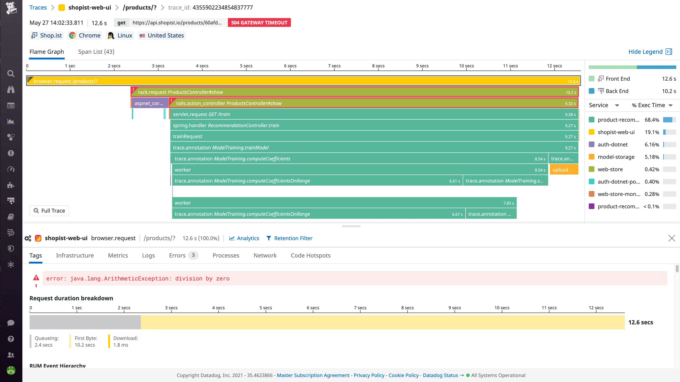 Datadog APM trace view