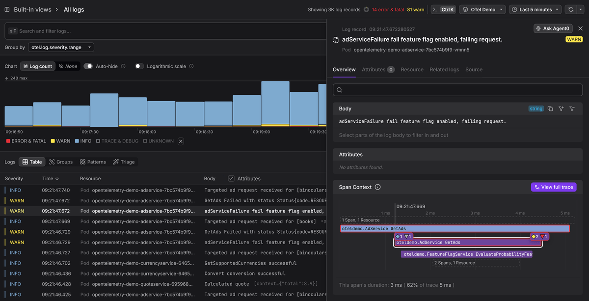 Dash0 tracing view