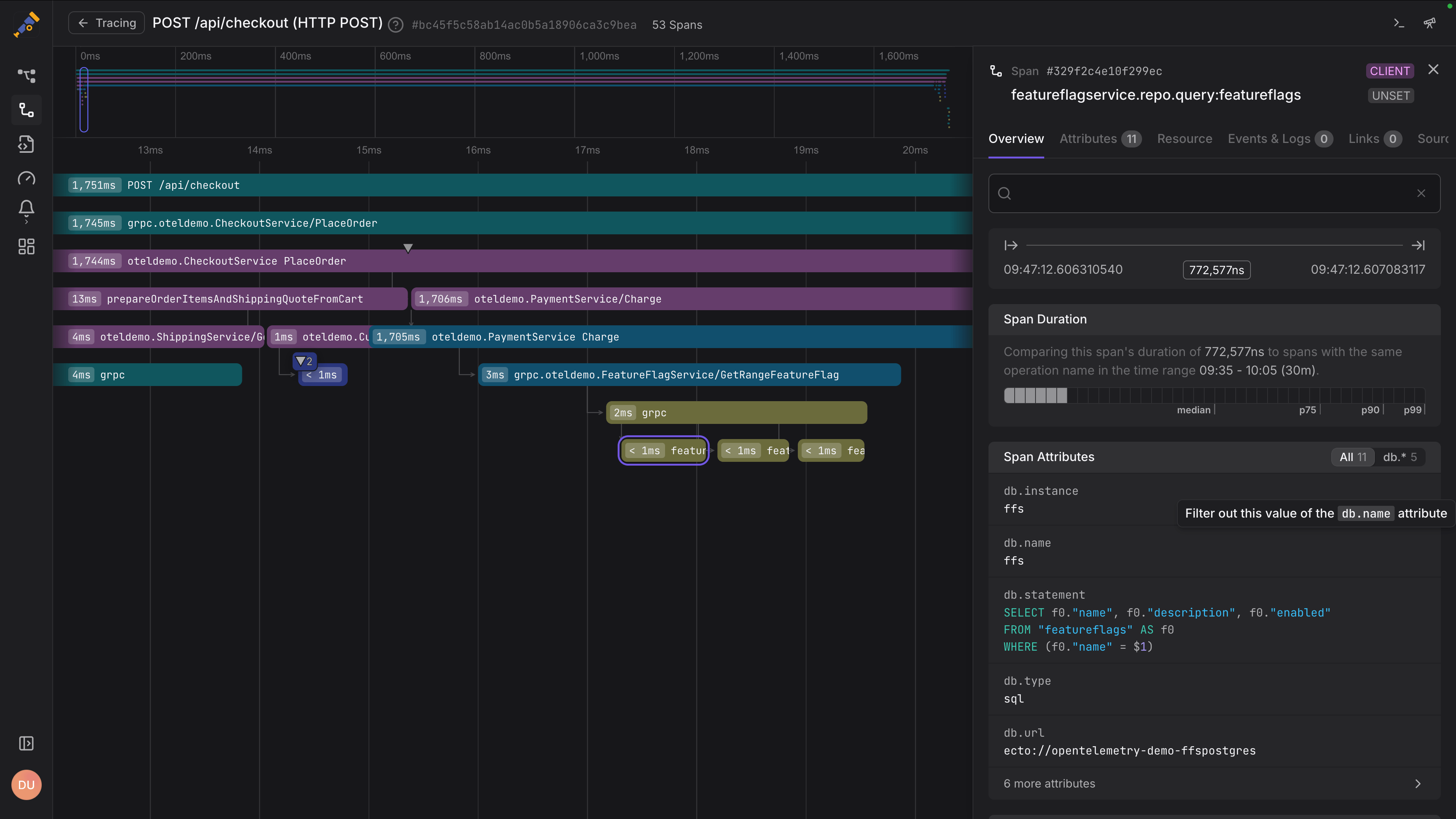Dash0 tracing view