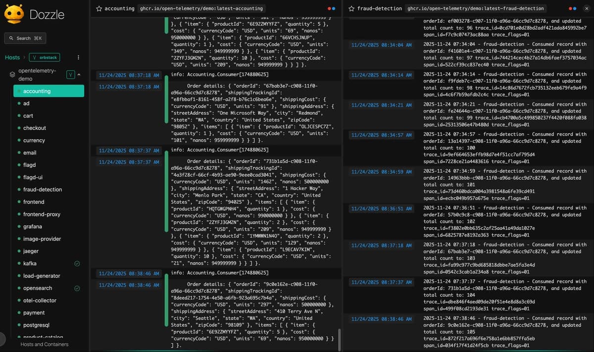 Dozzle being used to monitor Docker Compose services