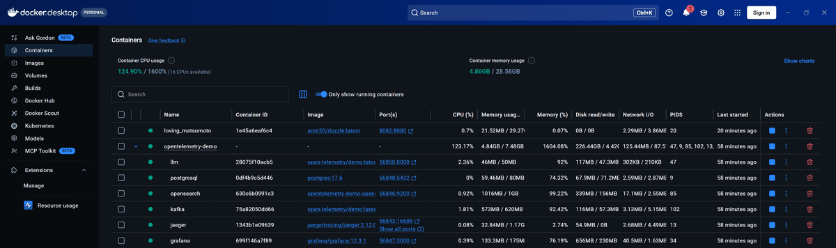 Docker desktop showing docker container stats