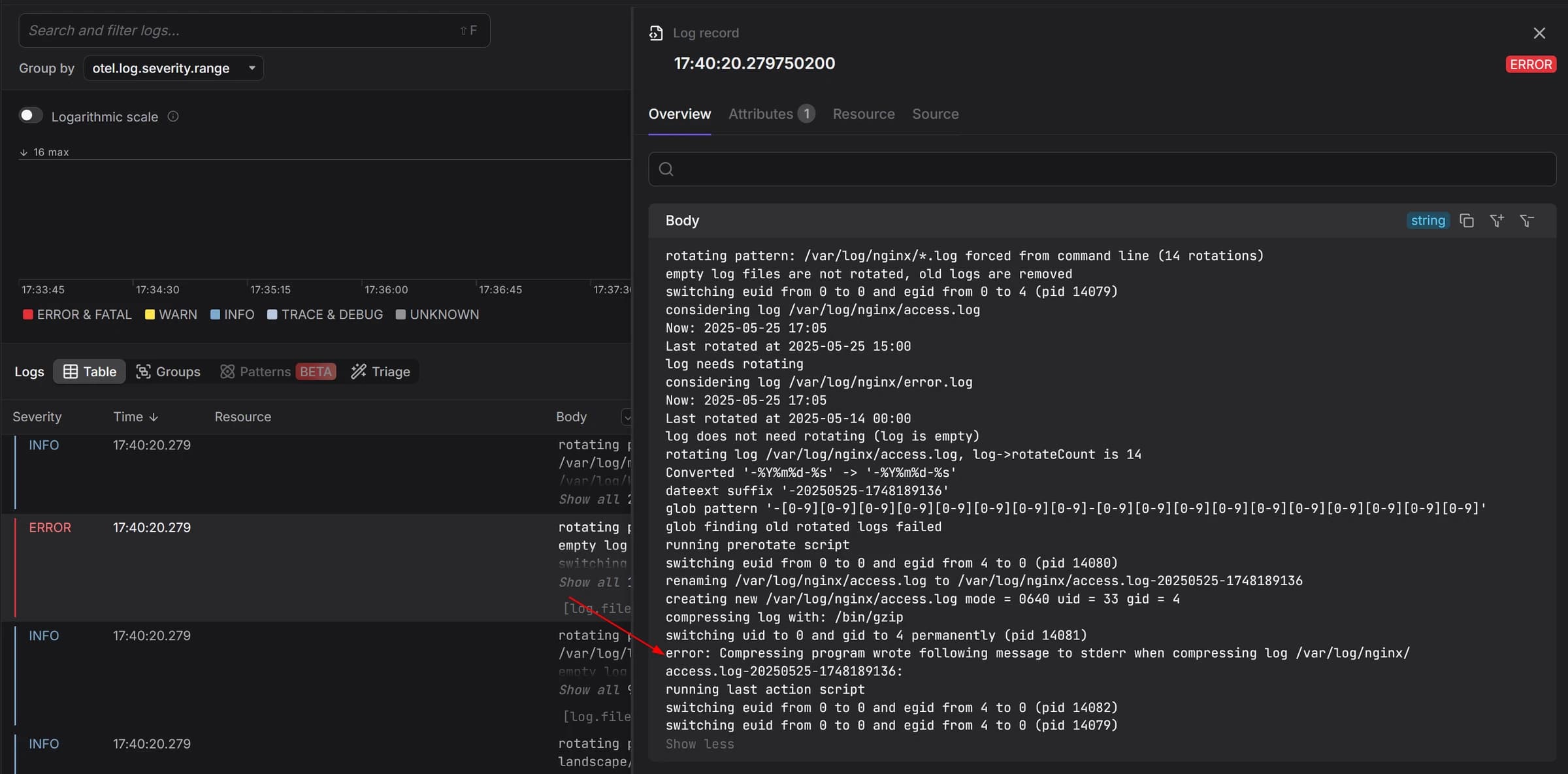 Dash0 showing Logrotate logs
