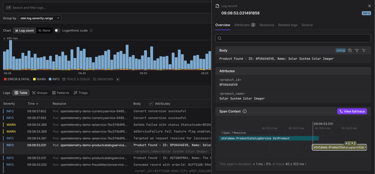 Correlating logs and traces in Dash0