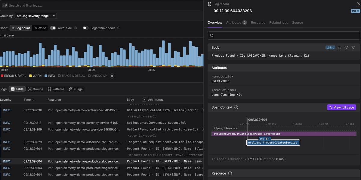 Show Dash0 linking log entries to trace context