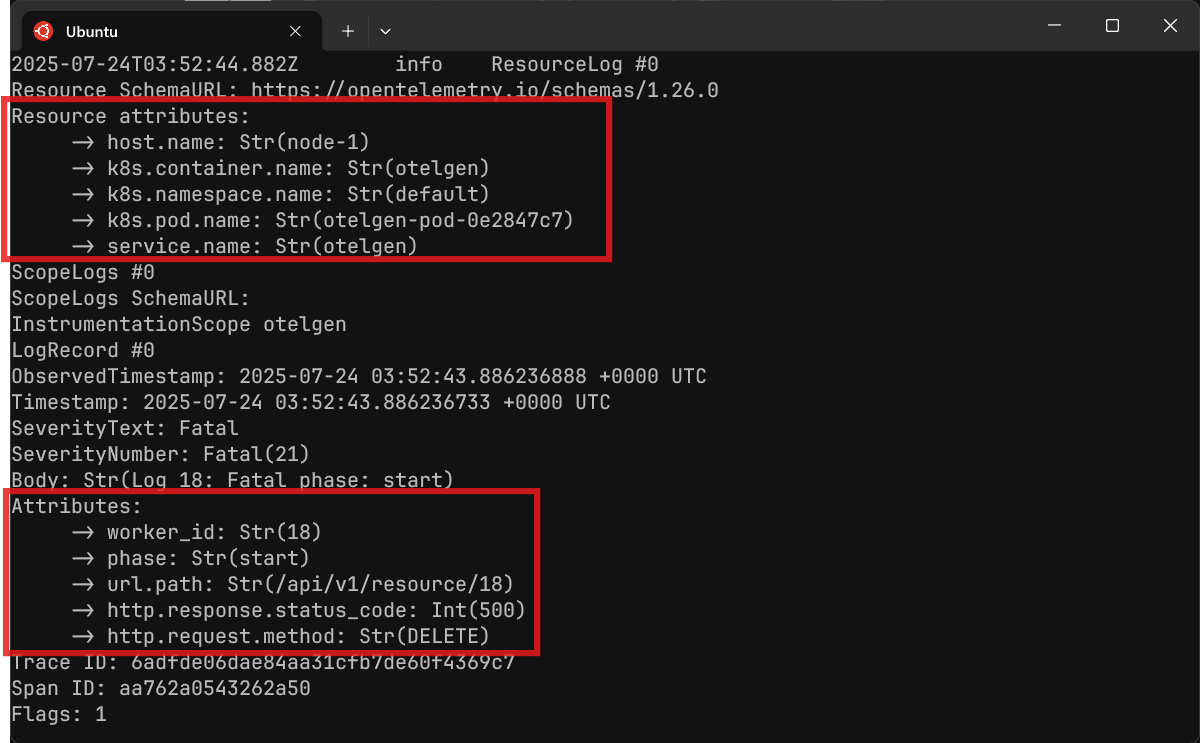 OpenTelemetry debug exporter showing attributes