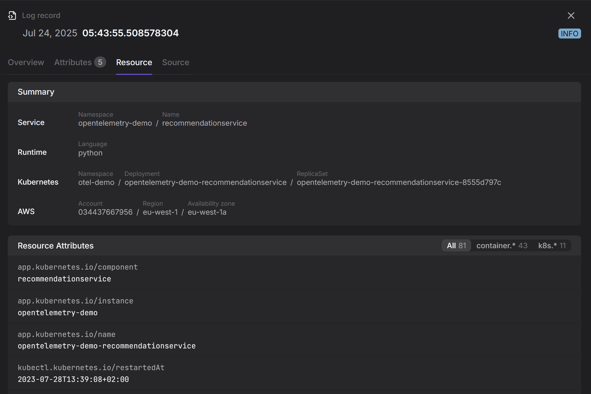 Resource attributes in Dash0