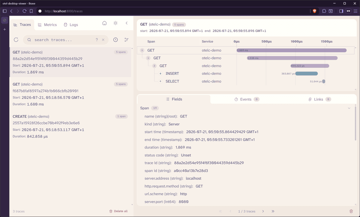 Traces, metrics, and logs from otelc-demo in OTel Desktop Viewer