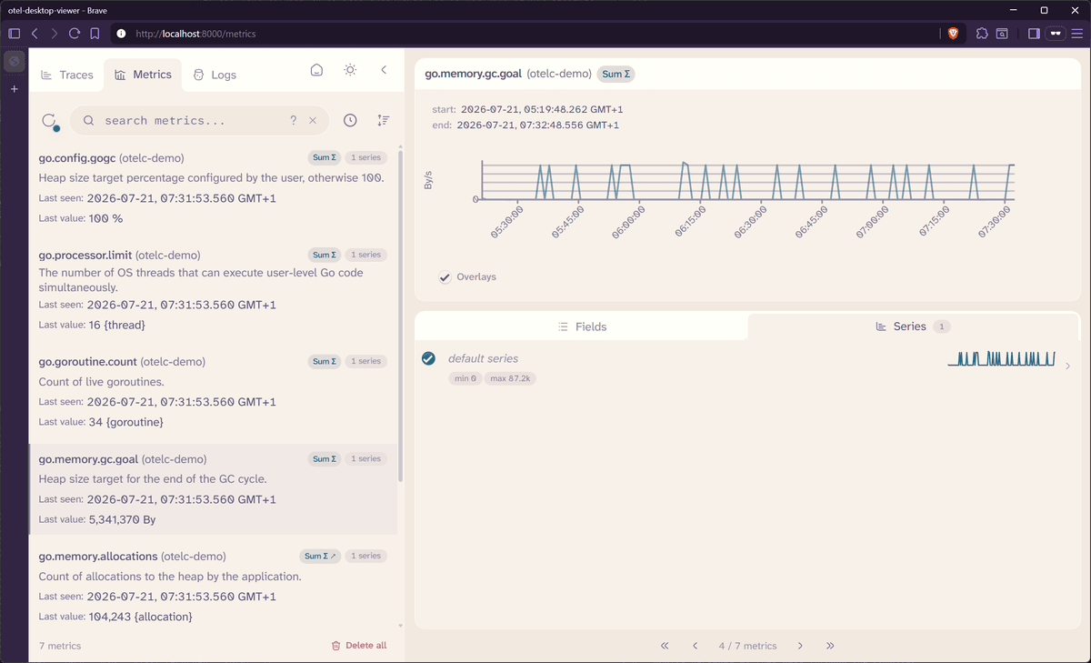 auto-instrumented Go metrics in OTel Desktop Viewer