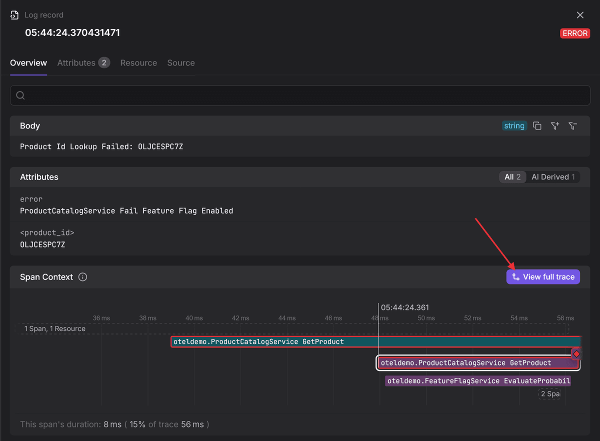 Jumping from a trace to log record