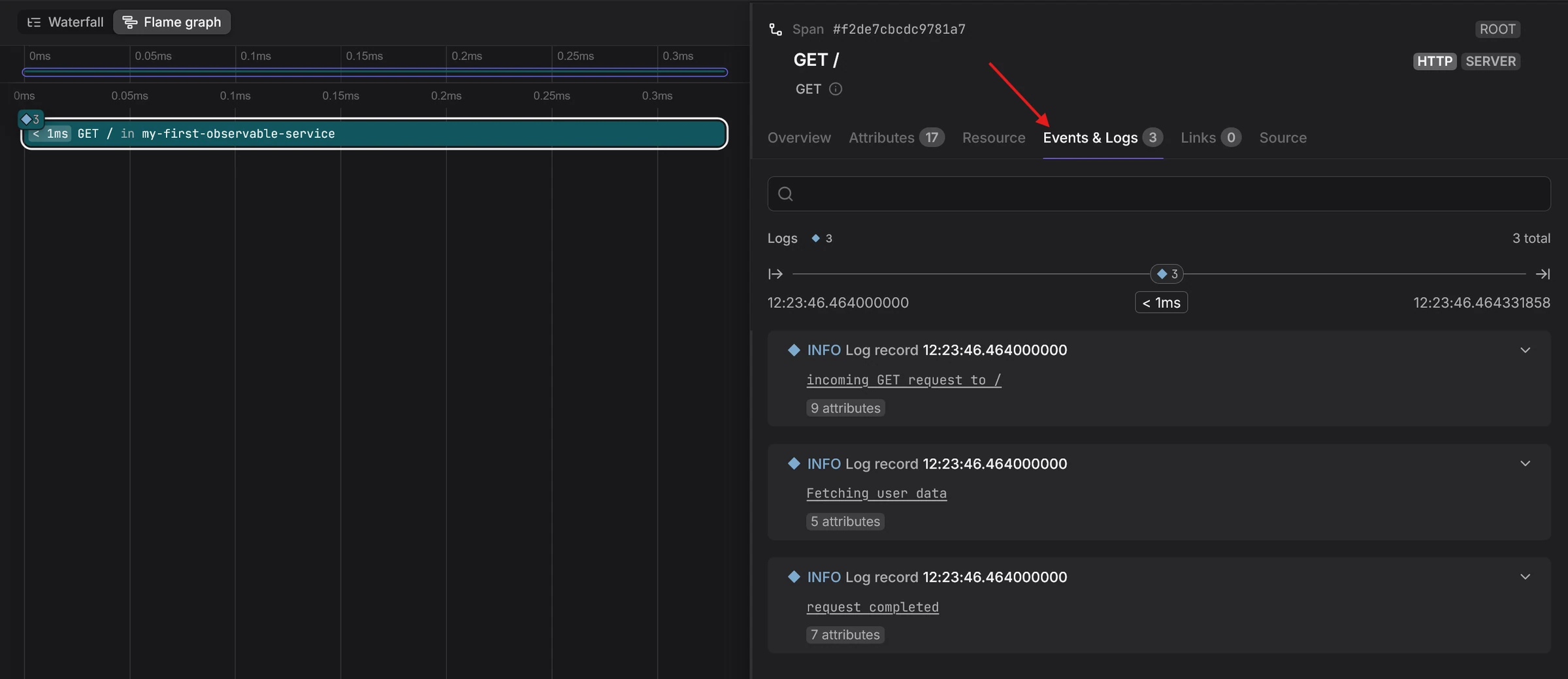 Trace view in Dash0 showing associated logs