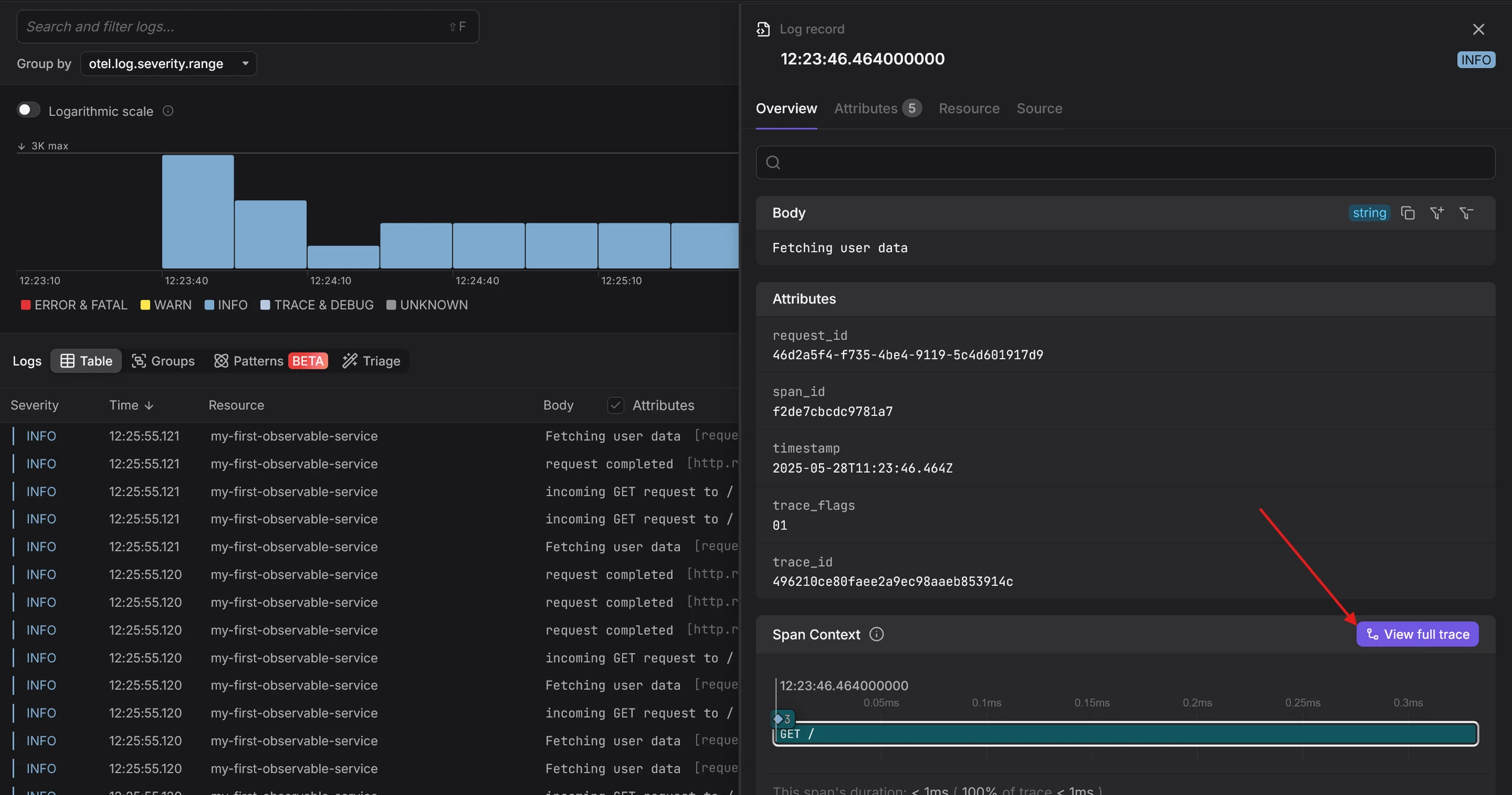 Streaming logs to Dash0 and viewing trace context