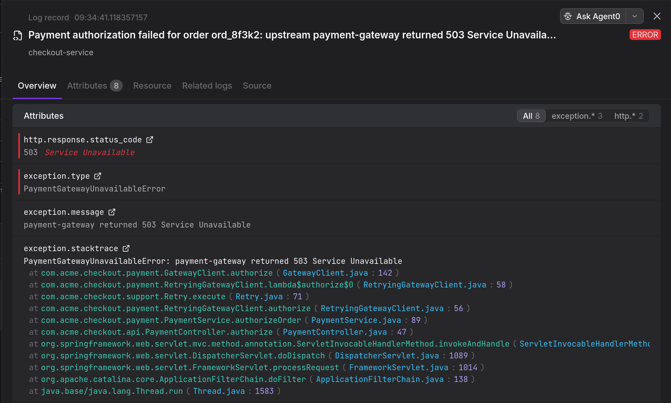 OpenTelemetry Log record in Dash0 showing exception attributes