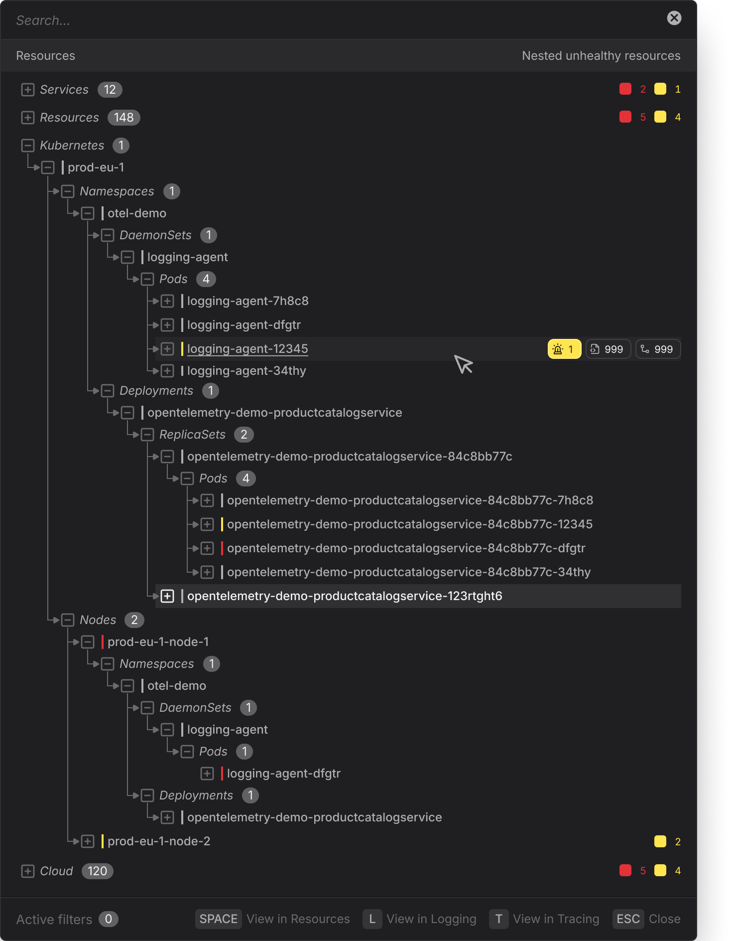 Resource explorer showing health and related metrics on every resource
