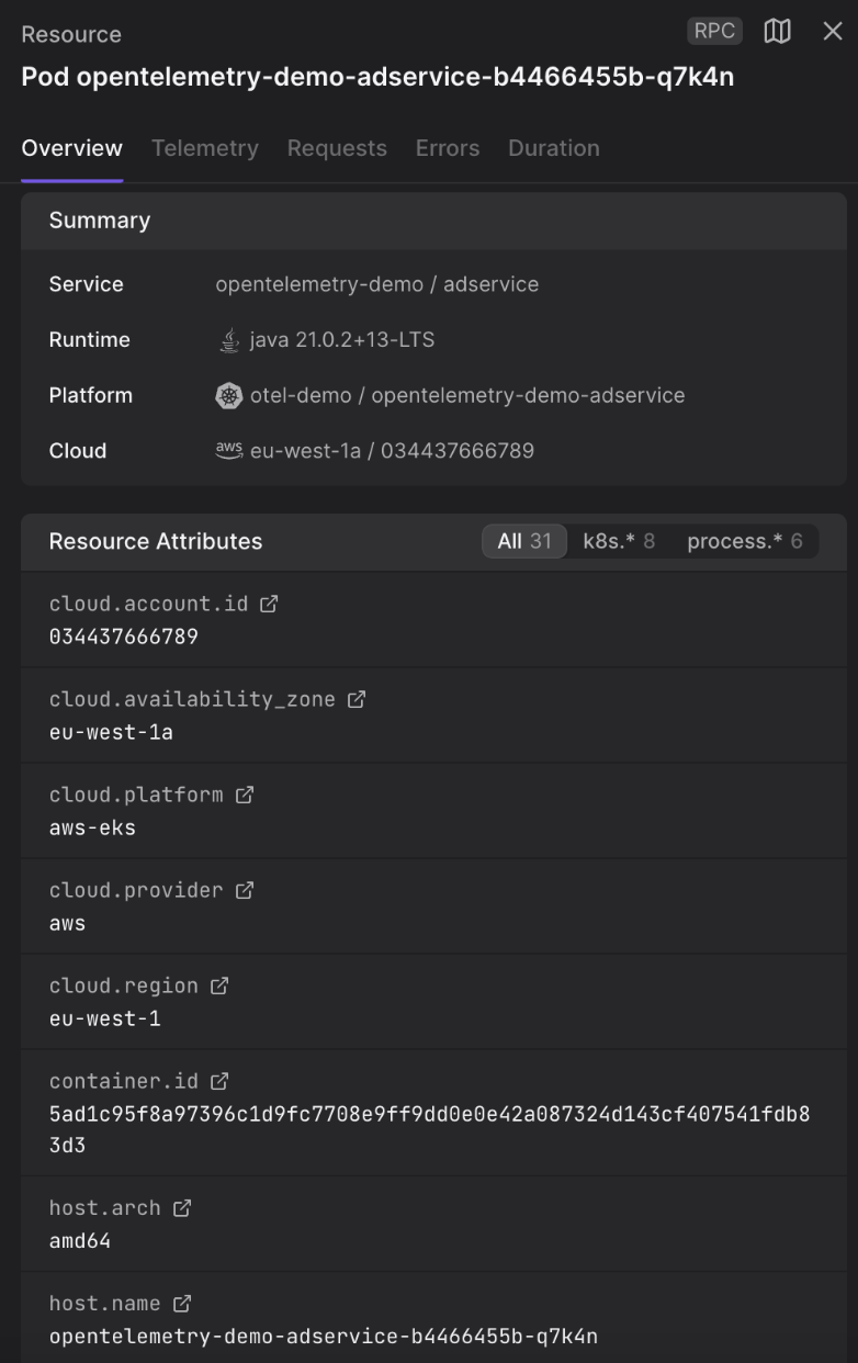 The screenshot above shows a resource in Dash0. Some metadata is translated into infrastructure information based on semantic conventions. You can use all attributes to quickly filter the list of resources or signals.