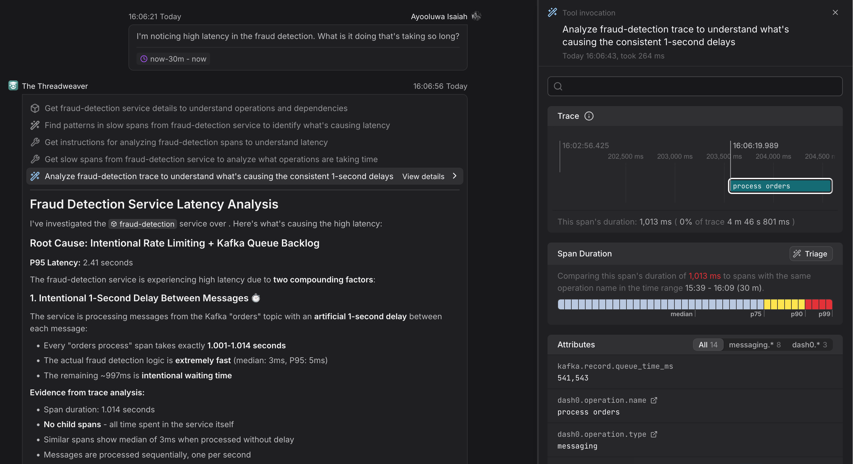 Dash0’s Threadviewer can automatically analyze traces and find the root cause