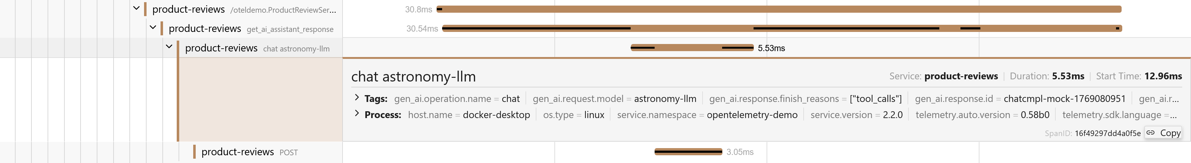 A span in Jaeger showing the properties of a span