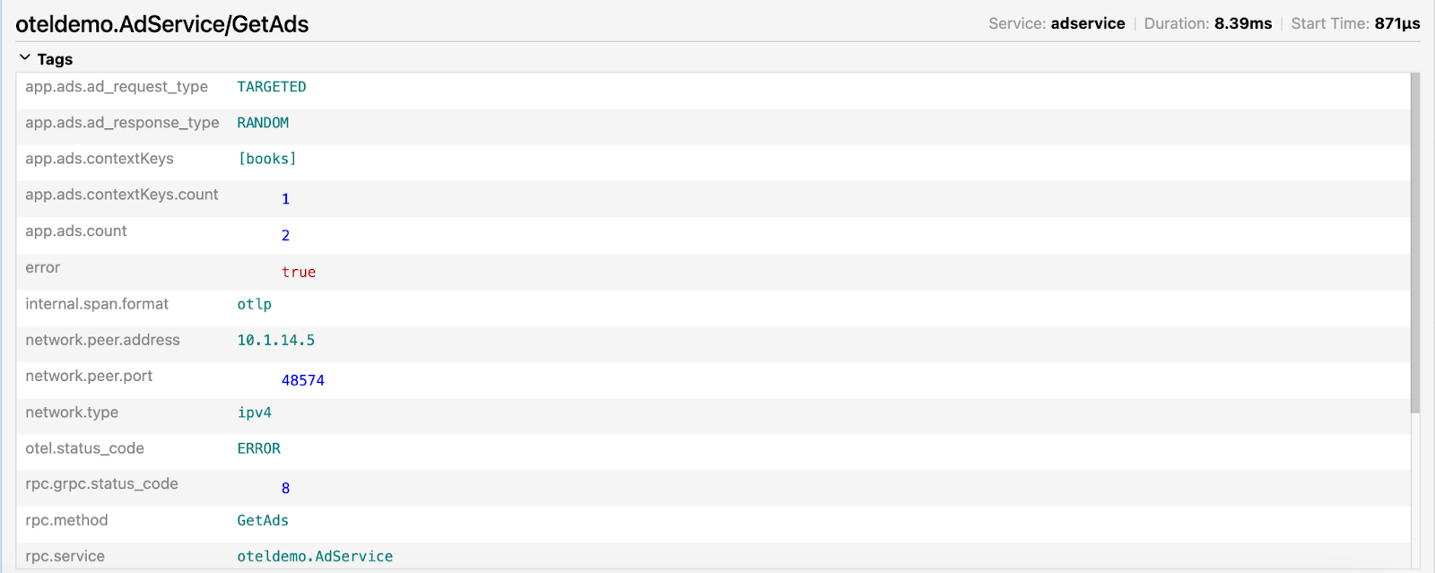 Jaeger Trace View - attributes list.