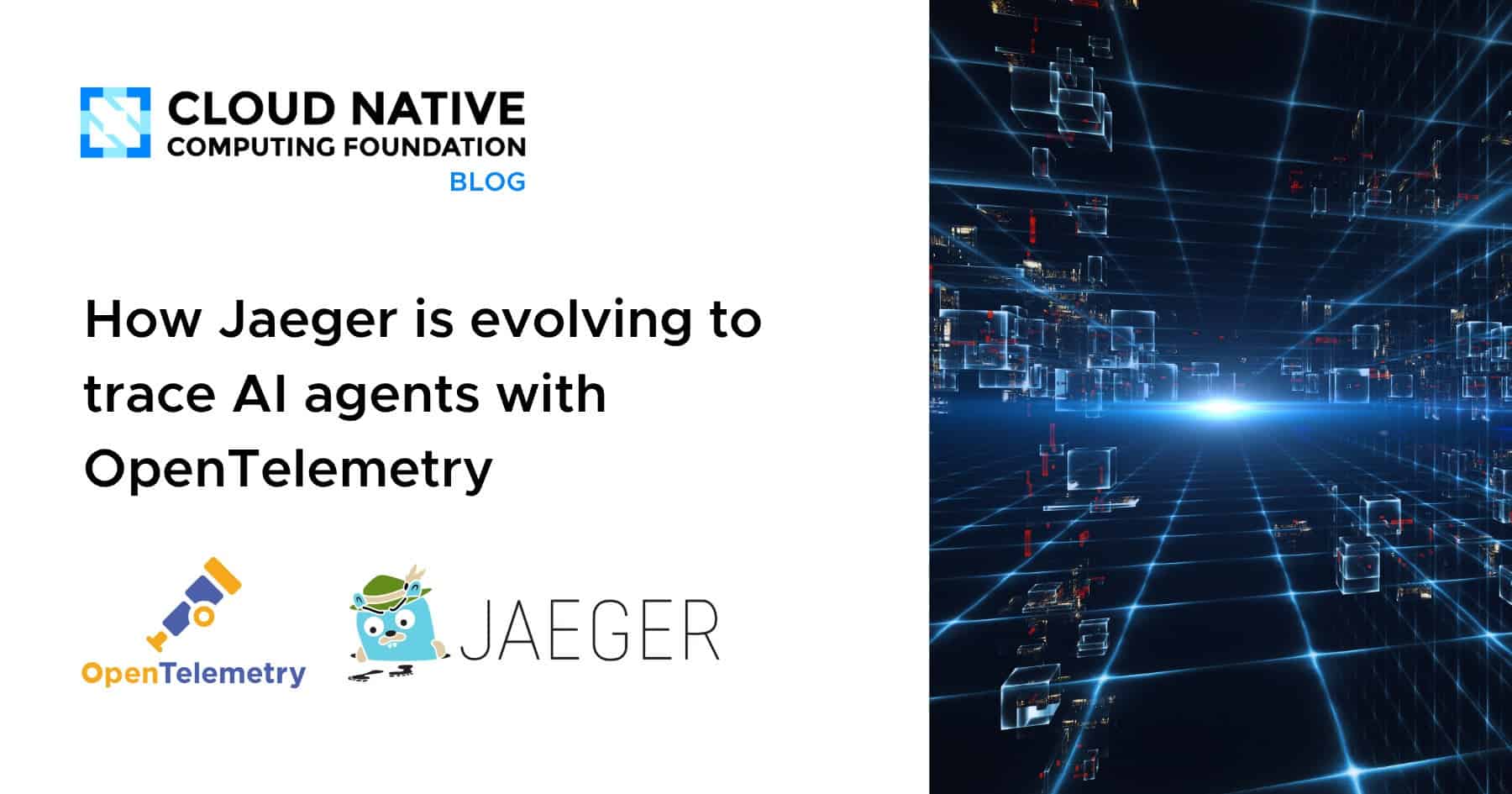 Cover image for the CNCF blog post "How Jaeger is evolving to trace AI agents with OpenTelemetry", featuring the OpenTelemetry and Jaeger logos.