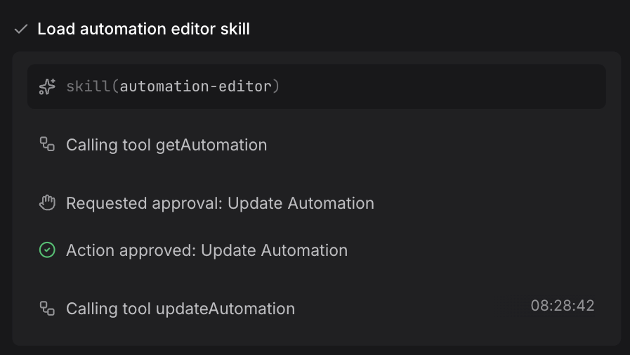 Chat Details reasoning steps showing a requested approval, the approval, and the tool call that followed it