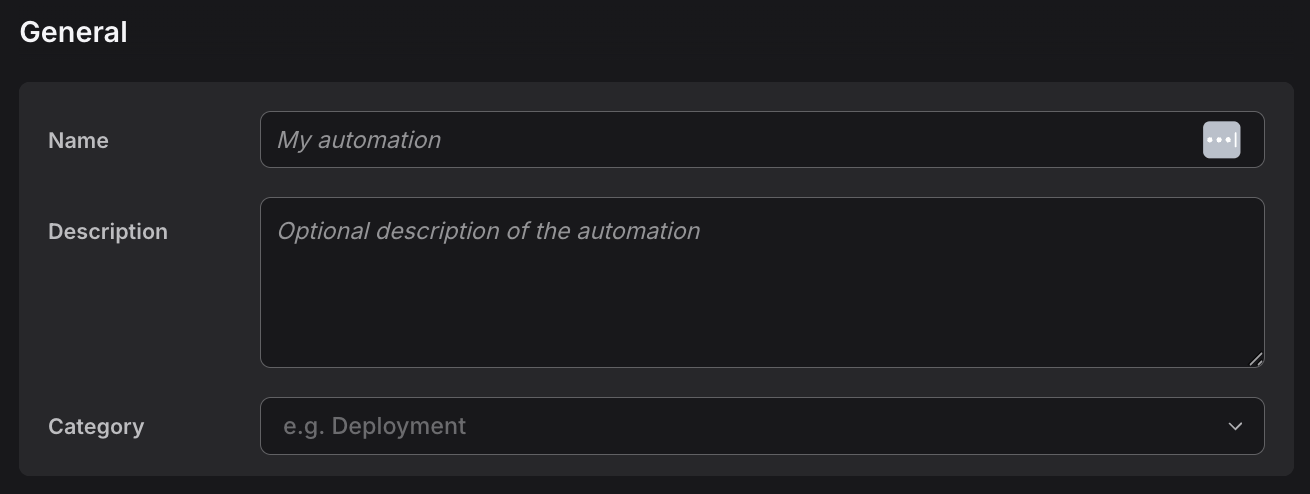 General automation settings showing name, description, and category fields