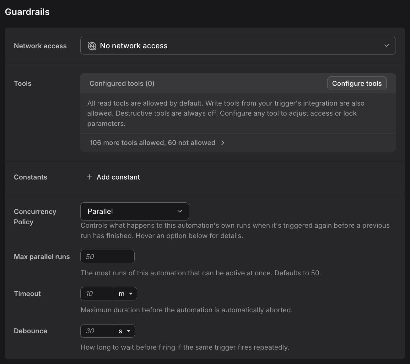 Guardrails settings showing network access, tools, timeout, and concurrency options