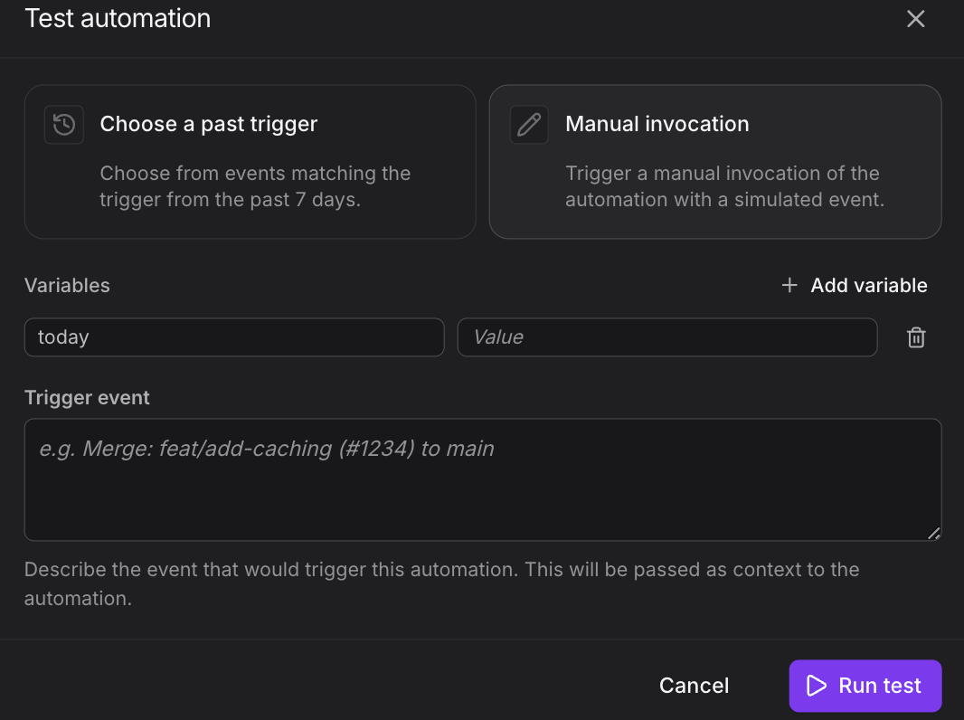 Test automation dialog showing manual invocation and past trigger options