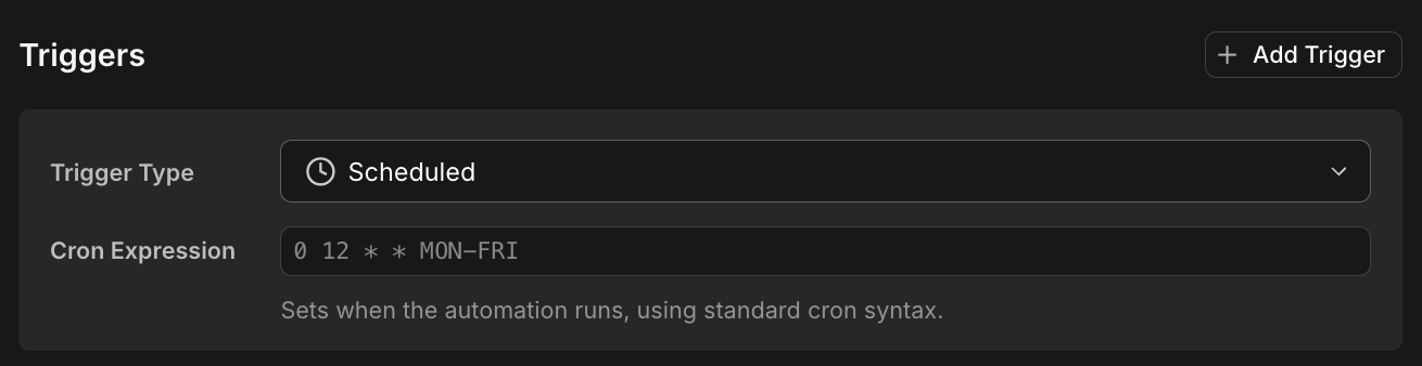 Trigger configuration showing scheduled trigger with cron expression